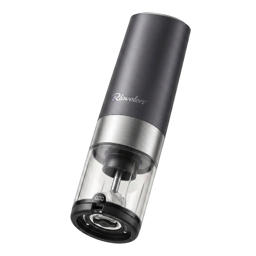 Rlovelen™ GrindPod S2 Electric Spice Grinder, Battery-Powered One-Touch Pepper & Salt Mill with Adjustable Coarseness, Ceramic Grinding Mechanism, LED Light and Clear Spice Window for Kitchen & Table