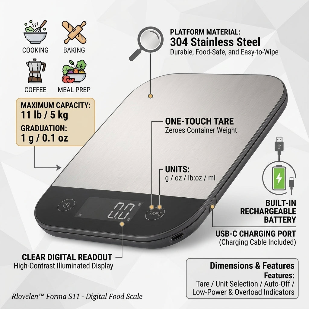 Rlovelen™ Forma S11 Digital Food Kitchen Scale, 11 lb Capacity, Grams & Ounces, Tare Function, 304 Stainless Steel Platform, USB-C Rechargeable Scale for Baking, Cooking, Meal Prep & Everyday Weighing