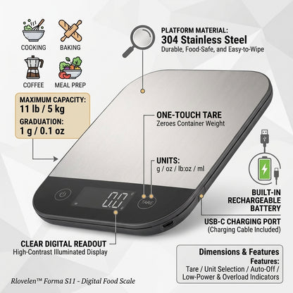 Rlovelen™ Forma S11 Digital Food Kitchen Scale, 11 lb Capacity, Grams & Ounces, Tare Function, 304 Stainless Steel Platform, USB-C Rechargeable Scale for Baking, Cooking, Meal Prep & Everyday Weighing
