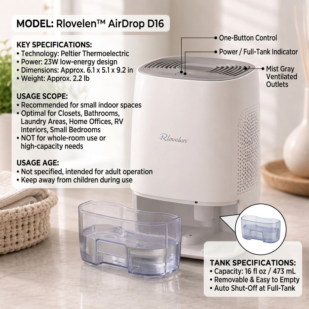 Rlovelen™ AirDrop D16 Mini Electric Dehumidifier, Compact Quiet Small-Space Moisture Remover with 16 oz Water Tank, Auto Shut-Off, LED Indicator & Low-Energy Peltier Design for Kitchen, Bathroom, Bedroom, Closet & Home