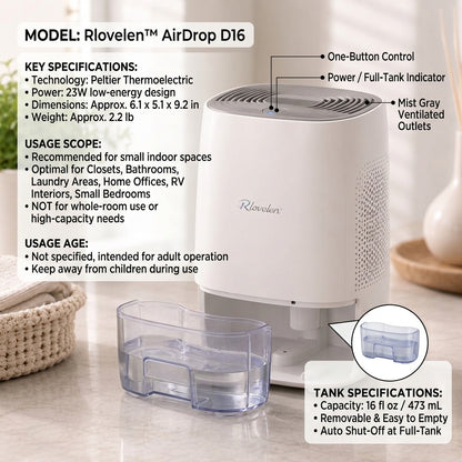 Rlovelen™ AirDrop D16 Mini Electric Dehumidifier, Compact Quiet Small-Space Moisture Remover with 16 oz Water Tank, Auto Shut-Off, LED Indicator & Low-Energy Peltier Design for Kitchen, Bathroom, Bedroom, Closet & Home