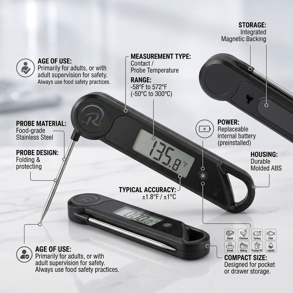 Rlovelen™ FoldSense P650 Instant Read Digital Meat Thermometer, Folding Food Temperature Probe with Backlit LCD, °F/°C Cooking Thermometer for Kitchen, BBQ, Grilling, Baking & Liquids