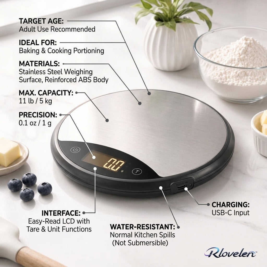 Rlovelen™ HaloBake R11 Round Digital Kitchen Scale, 11 lb Capacity, Water-Resistant Baking Food Scale with LCD Display, Tare Function & Multiple Units, Stainless Steel Weighing Surface, Batteries Included