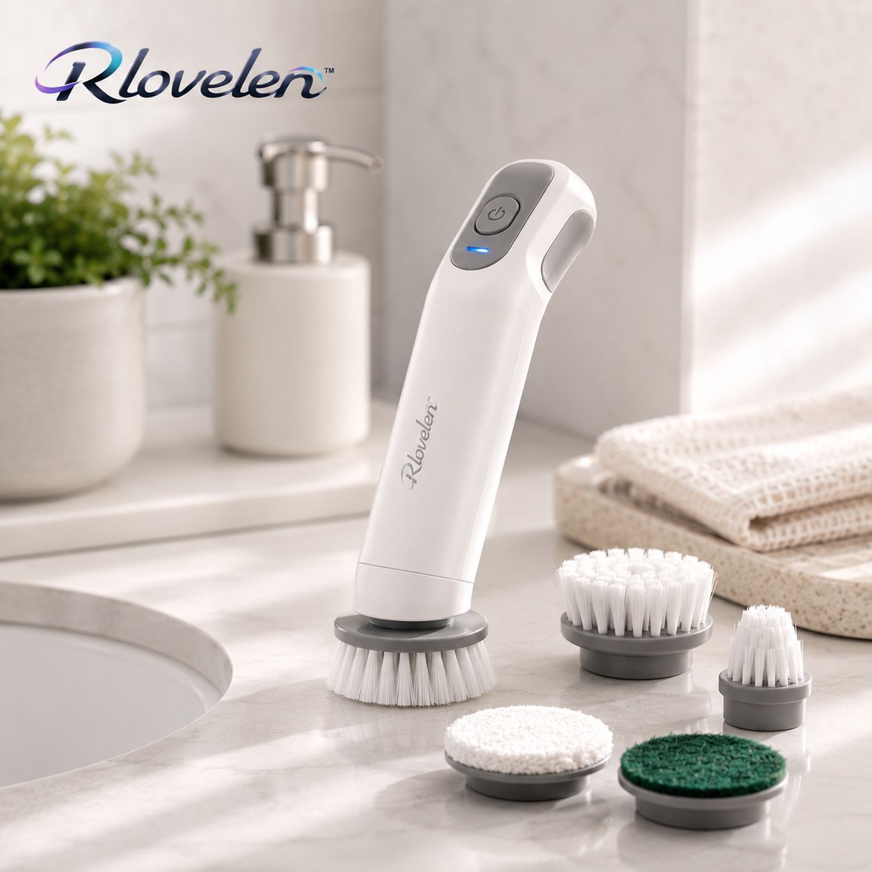 Rlovelen™ SpinMate C5 Cordless Electric Spin Scrubber, Compact Rechargeable Power Cleaning Brush with 5 Interchangeable Heads, Dual-Speed Control & USB-C Charging for Kitchen, Sink, Tile, Grout, Bathroom & Home Cleaning