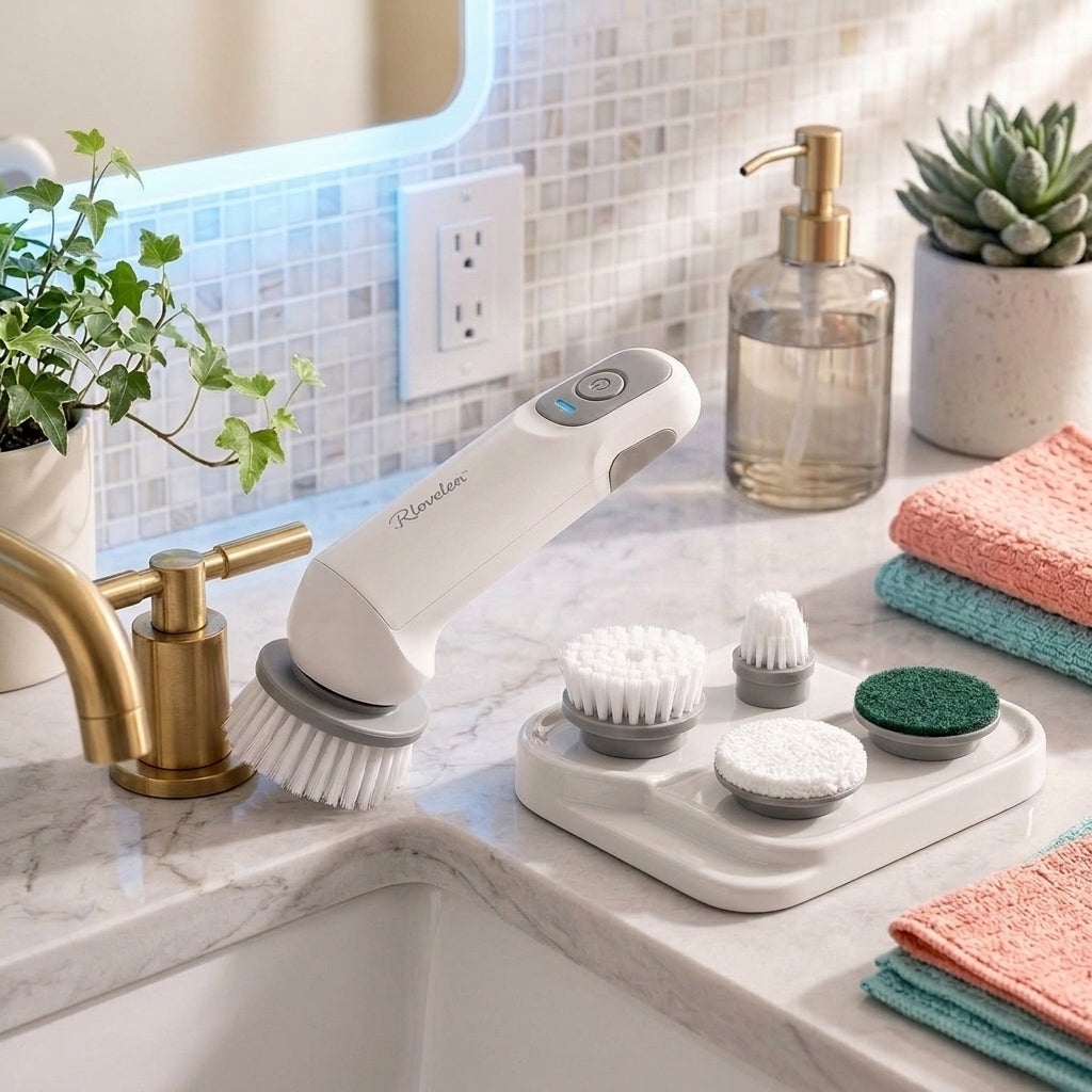 Rlovelen™ SpinMate C5 Cordless Electric Spin Scrubber, Compact Rechargeable Power Cleaning Brush with 5 Interchangeable Heads, Dual-Speed Control & USB-C Charging for Kitchen, Sink, Tile, Grout, Bathroom & Home Cleaning