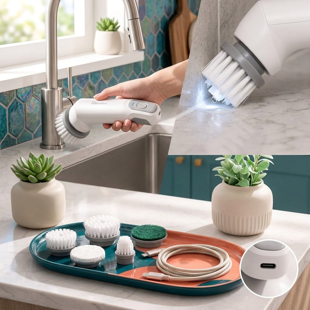 Rlovelen™ SpinMate C5 Cordless Electric Spin Scrubber, Compact Rechargeable Power Cleaning Brush with 5 Interchangeable Heads, Dual-Speed Control & USB-C Charging for Kitchen, Sink, Tile, Grout, Bathroom & Home Cleaning