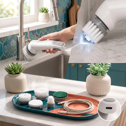 Rlovelen™ SpinMate C5 Cordless Electric Spin Scrubber, Compact Rechargeable Power Cleaning Brush with 5 Interchangeable Heads, Dual-Speed Control & USB-C Charging for Kitchen, Sink, Tile, Grout, Bathroom & Home Cleaning