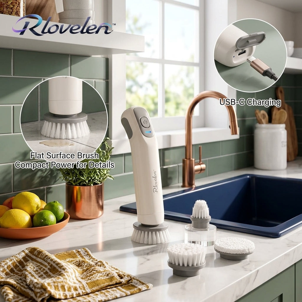 Rlovelen™ SpinMate C5 Cordless Electric Spin Scrubber, Compact Rechargeable Power Cleaning Brush with 5 Interchangeable Heads, Dual-Speed Control & USB-C Charging for Kitchen, Sink, Tile, Grout, Bathroom & Home Cleaning