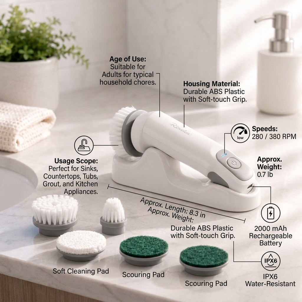 Rlovelen™ SpinMate C5 Cordless Electric Spin Scrubber, Compact Rechargeable Power Cleaning Brush with 5 Interchangeable Heads, Dual-Speed Control & USB-C Charging for Kitchen, Sink, Tile, Grout, Bathroom & Home Cleaning