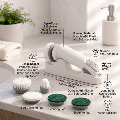 Rlovelen™ SpinMate C5 Cordless Electric Spin Scrubber, Compact Rechargeable Power Cleaning Brush with 5 Interchangeable Heads, Dual-Speed Control & USB-C Charging for Kitchen, Sink, Tile, Grout, Bathroom & Home Cleaning