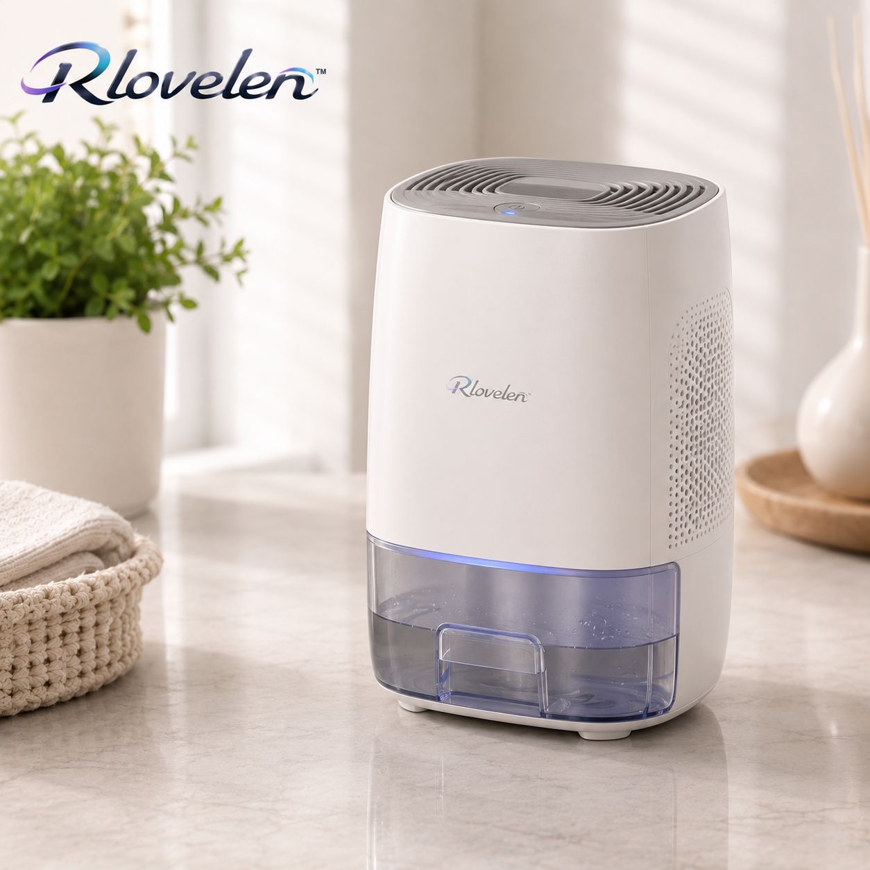 Rlovelen™ AirDrop D16 Mini Electric Dehumidifier, Compact Quiet Small-Space Moisture Remover with 16 oz Water Tank, Auto Shut-Off, LED Indicator & Low-Energy Peltier Design for Kitchen, Bathroom, Bedroom, Closet & Home