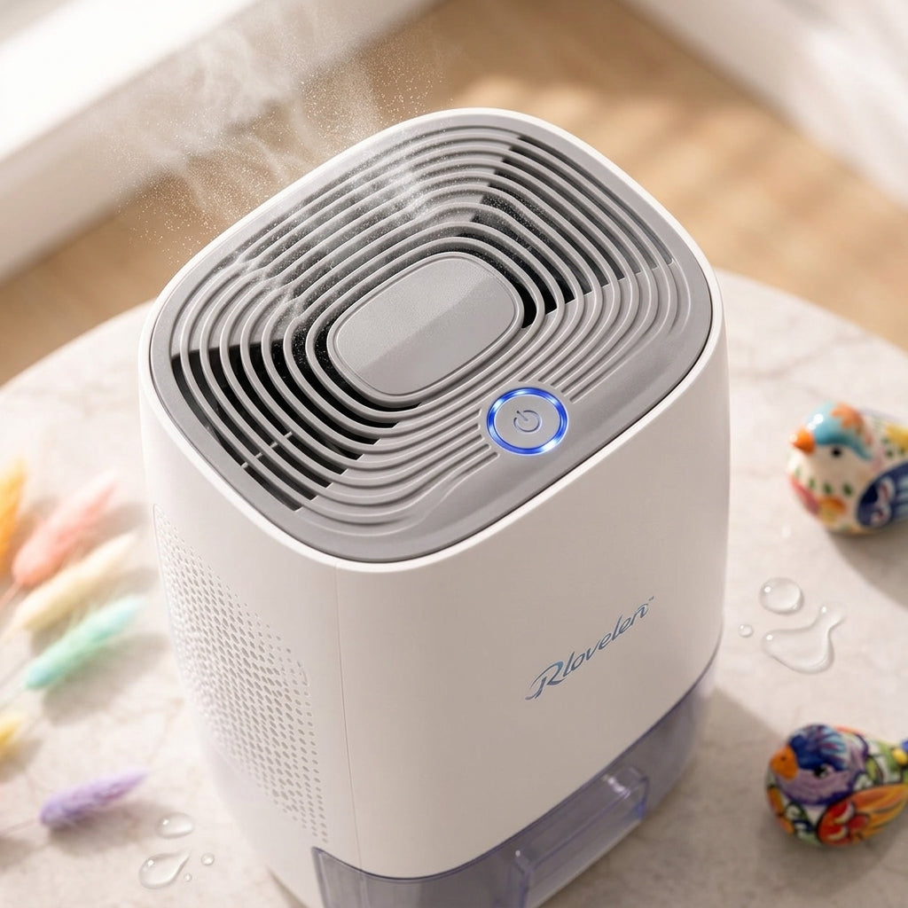 Rlovelen™ AirDrop D16 Mini Electric Dehumidifier, Compact Quiet Small-Space Moisture Remover with 16 oz Water Tank, Auto Shut-Off, LED Indicator & Low-Energy Peltier Design for Kitchen, Bathroom, Bedroom, Closet & Home