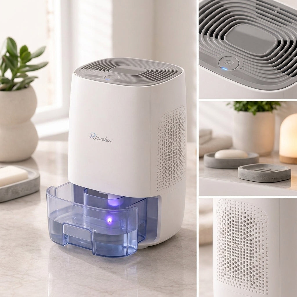 Rlovelen™ AirDrop D16 Mini Electric Dehumidifier, Compact Quiet Small-Space Moisture Remover with 16 oz Water Tank, Auto Shut-Off, LED Indicator & Low-Energy Peltier Design for Kitchen, Bathroom, Bedroom, Closet & Home