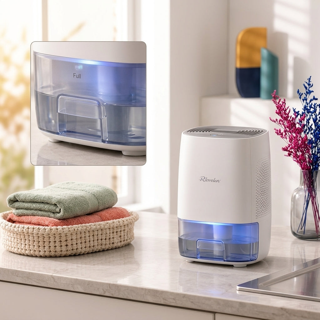 Rlovelen™ AirDrop D16 Mini Electric Dehumidifier, Compact Quiet Small-Space Moisture Remover with 16 oz Water Tank, Auto Shut-Off, LED Indicator & Low-Energy Peltier Design for Kitchen, Bathroom, Bedroom, Closet & Home