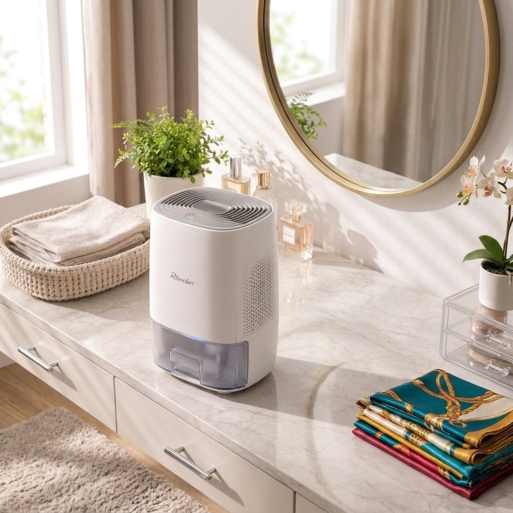 Rlovelen™ AirDrop D16 Mini Electric Dehumidifier, Compact Quiet Small-Space Moisture Remover with 16 oz Water Tank, Auto Shut-Off, LED Indicator & Low-Energy Peltier Design for Kitchen, Bathroom, Bedroom, Closet & Home