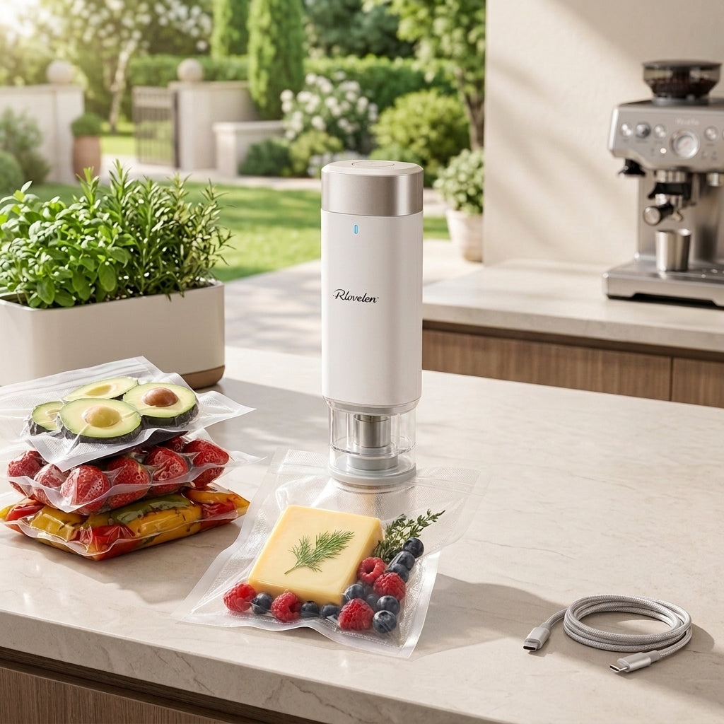 Rlovelen™ FreshPod V60 Rechargeable Handheld Food Vacuum Sealer, Cordless One-Touch Vacuum Pump with Reusable Food Storage Bags, USB-C Charging for Meal Prep, Leftovers, Freezer Storage & Sous Vide Prep