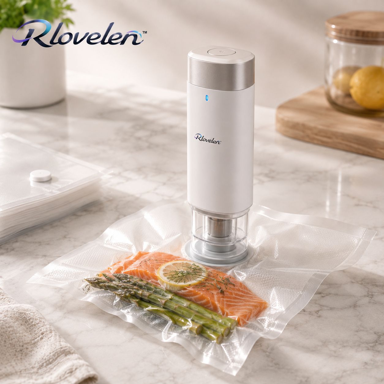 Rlovelen™ FreshPod V60 Rechargeable Handheld Food Vacuum Sealer, Cordless One-Touch Vacuum Pump with Reusable Food Storage Bags, USB-C Charging for Meal Prep, Leftovers, Freezer Storage & Sous Vide Prep