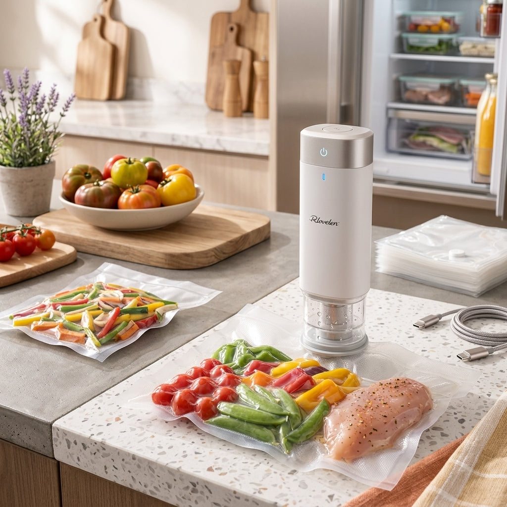 Rlovelen™ FreshPod V60 Rechargeable Handheld Food Vacuum Sealer, Cordless One-Touch Vacuum Pump with Reusable Food Storage Bags, USB-C Charging for Meal Prep, Leftovers, Freezer Storage & Sous Vide Prep