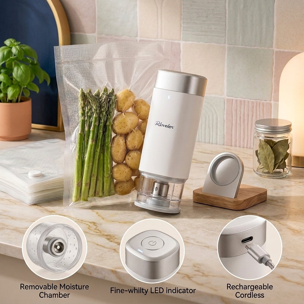 Rlovelen™ FreshPod V60 Rechargeable Handheld Food Vacuum Sealer, Cordless One-Touch Vacuum Pump with Reusable Food Storage Bags, USB-C Charging for Meal Prep, Leftovers, Freezer Storage & Sous Vide Prep