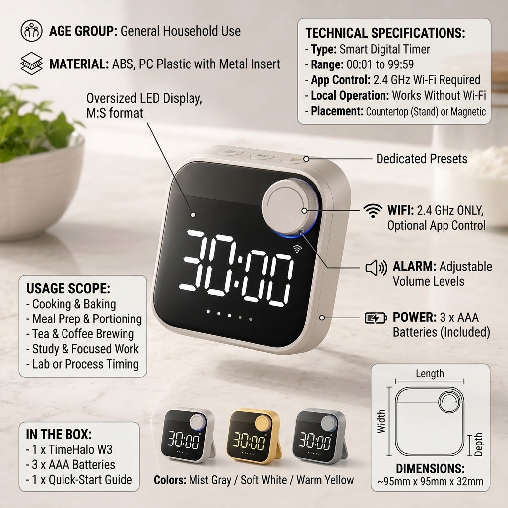 Rlovelen™ TimeHalo W3 Smart WiFi Kitchen Timer, Large LED Digital Countdown Timer with App Control, Multiple Timer Presets, Adjustable Alarm & Magnetic Stand for Cooking, Baking and Meal Prep