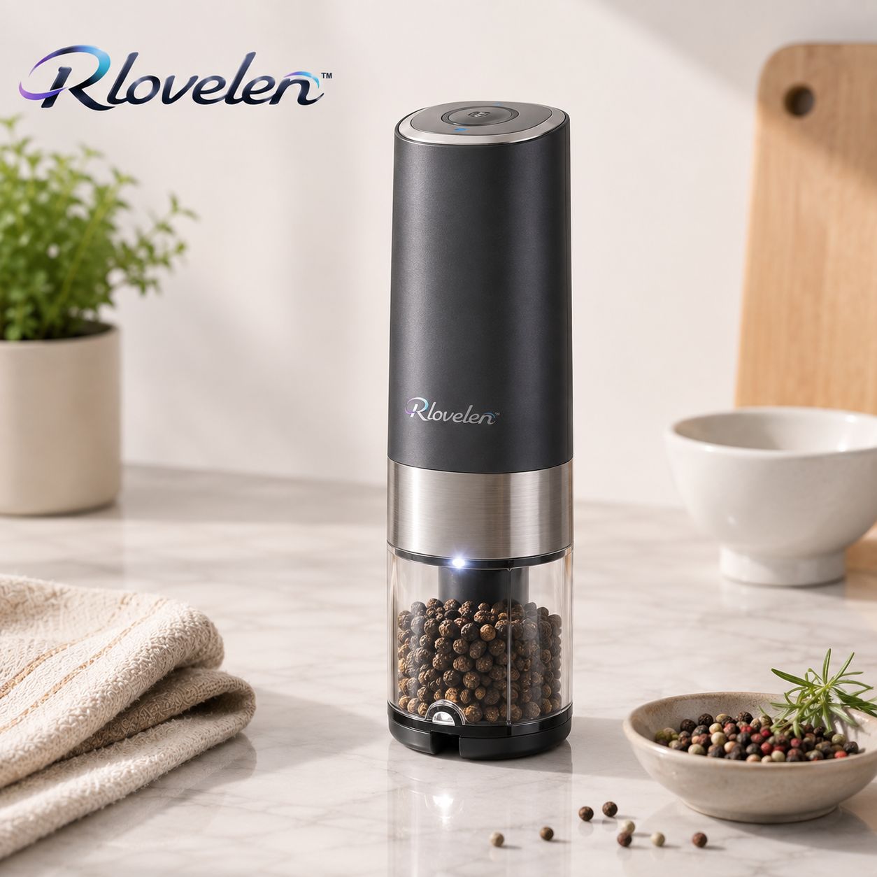 Rlovelen™ GrindPod S2 Electric Spice Grinder, Battery-Powered One-Touch Pepper & Salt Mill with Adjustable Coarseness, Ceramic Grinding Mechanism, LED Light and Clear Spice Window for Kitchen & Table
