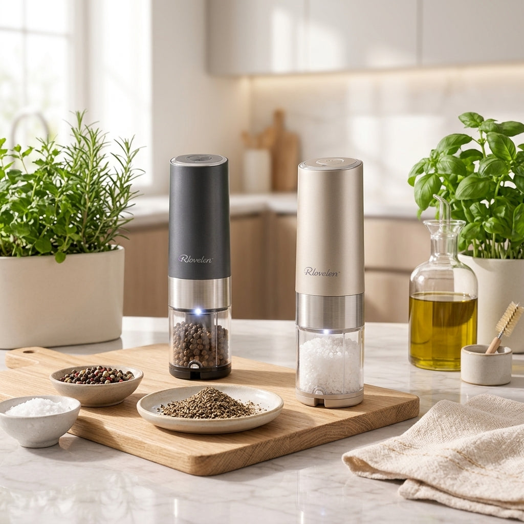 Rlovelen™ GrindPod S2 Electric Spice Grinder, Battery-Powered One-Touch Pepper & Salt Mill with Adjustable Coarseness, Ceramic Grinding Mechanism, LED Light and Clear Spice Window for Kitchen & Table