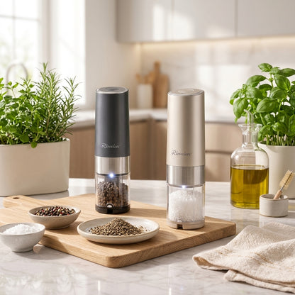 Rlovelen™ GrindPod S2 Electric Spice Grinder, Battery-Powered One-Touch Pepper & Salt Mill with Adjustable Coarseness, Ceramic Grinding Mechanism, LED Light and Clear Spice Window for Kitchen & Table