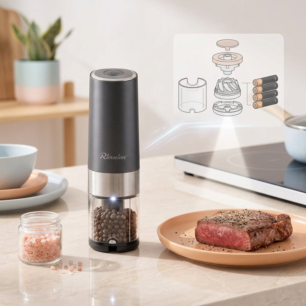 Rlovelen™ GrindPod S2 Electric Spice Grinder, Battery-Powered One-Touch Pepper & Salt Mill with Adjustable Coarseness, Ceramic Grinding Mechanism, LED Light and Clear Spice Window for Kitchen & Table