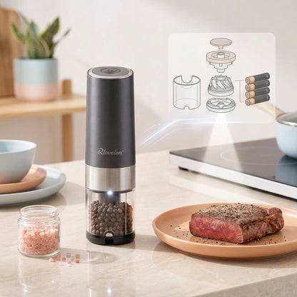 Rlovelen™ GrindPod S2 Electric Spice Grinder, Battery-Powered One-Touch Pepper & Salt Mill with Adjustable Coarseness, Ceramic Grinding Mechanism, LED Light and Clear Spice Window for Kitchen & Table