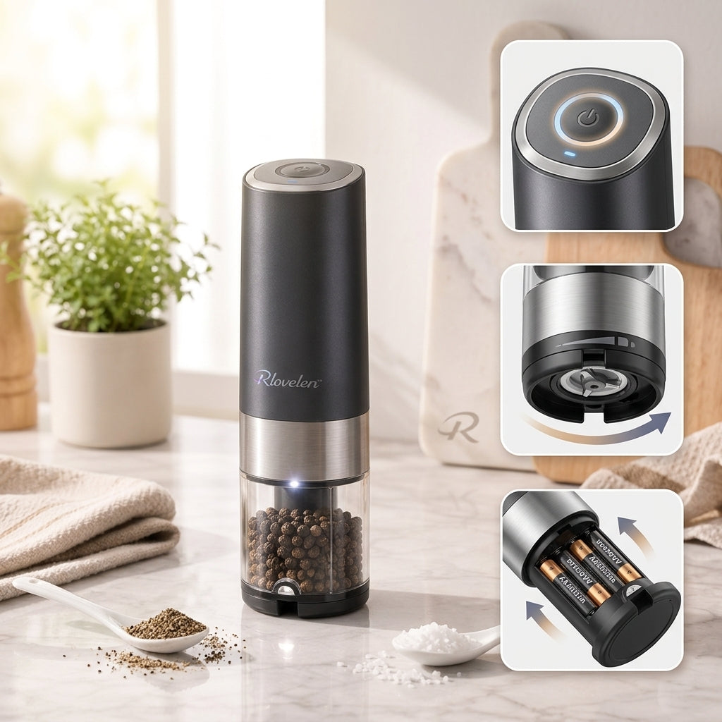 Rlovelen™ GrindPod S2 Electric Spice Grinder, Battery-Powered One-Touch Pepper & Salt Mill with Adjustable Coarseness, Ceramic Grinding Mechanism, LED Light and Clear Spice Window for Kitchen & Table