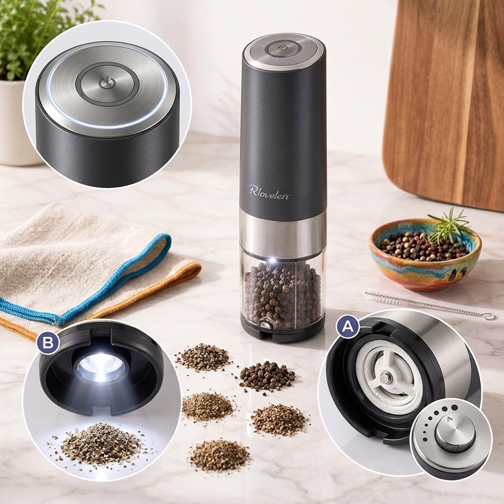 Rlovelen™ GrindPod S2 Electric Spice Grinder, Battery-Powered One-Touch Pepper & Salt Mill with Adjustable Coarseness, Ceramic Grinding Mechanism, LED Light and Clear Spice Window for Kitchen & Table