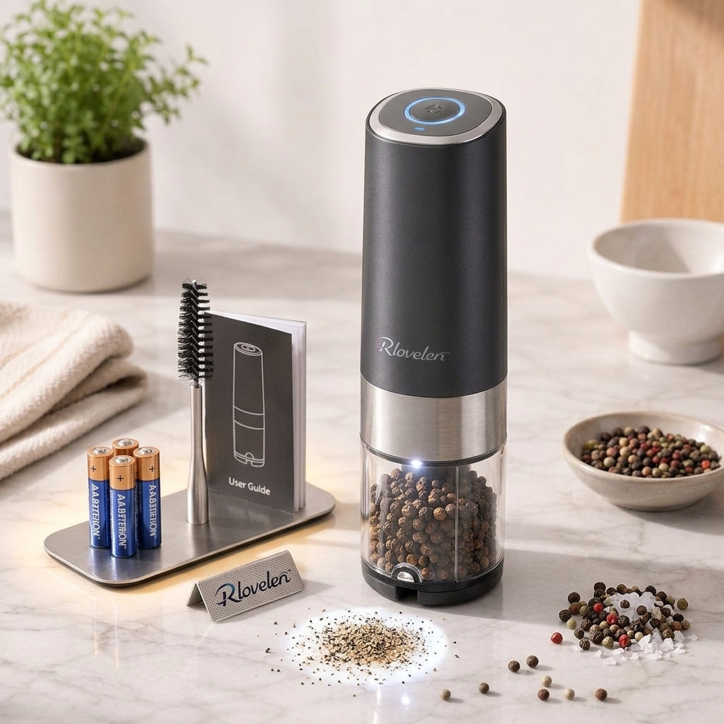 Rlovelen™ GrindPod S2 Electric Spice Grinder, Battery-Powered One-Touch Pepper & Salt Mill with Adjustable Coarseness, Ceramic Grinding Mechanism, LED Light and Clear Spice Window for Kitchen & Table
