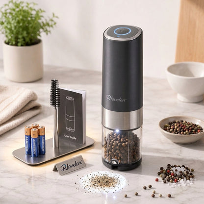 Rlovelen™ GrindPod S2 Electric Spice Grinder, Battery-Powered One-Touch Pepper & Salt Mill with Adjustable Coarseness, Ceramic Grinding Mechanism, LED Light and Clear Spice Window for Kitchen & Table