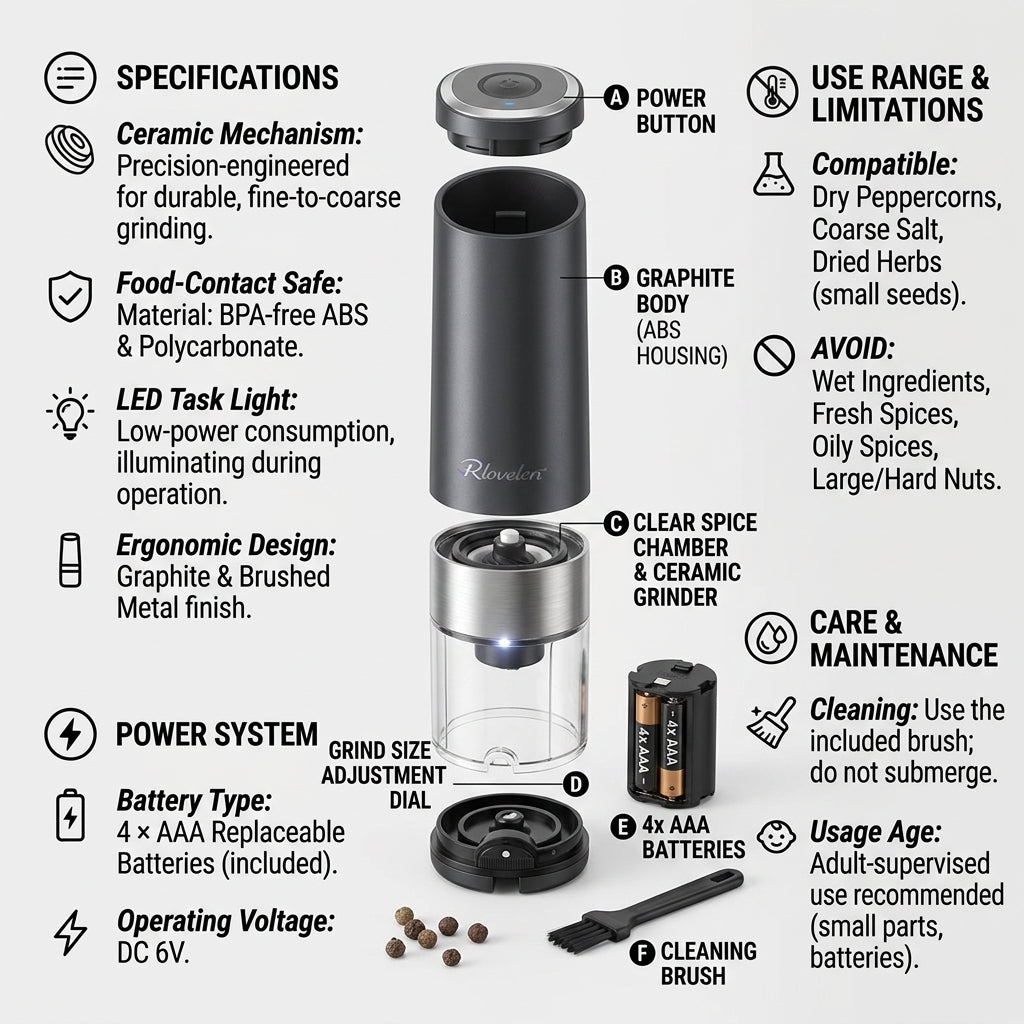 Rlovelen™ GrindPod S2 Electric Spice Grinder, Battery-Powered One-Touch Pepper & Salt Mill with Adjustable Coarseness, Ceramic Grinding Mechanism, LED Light and Clear Spice Window for Kitchen & Table