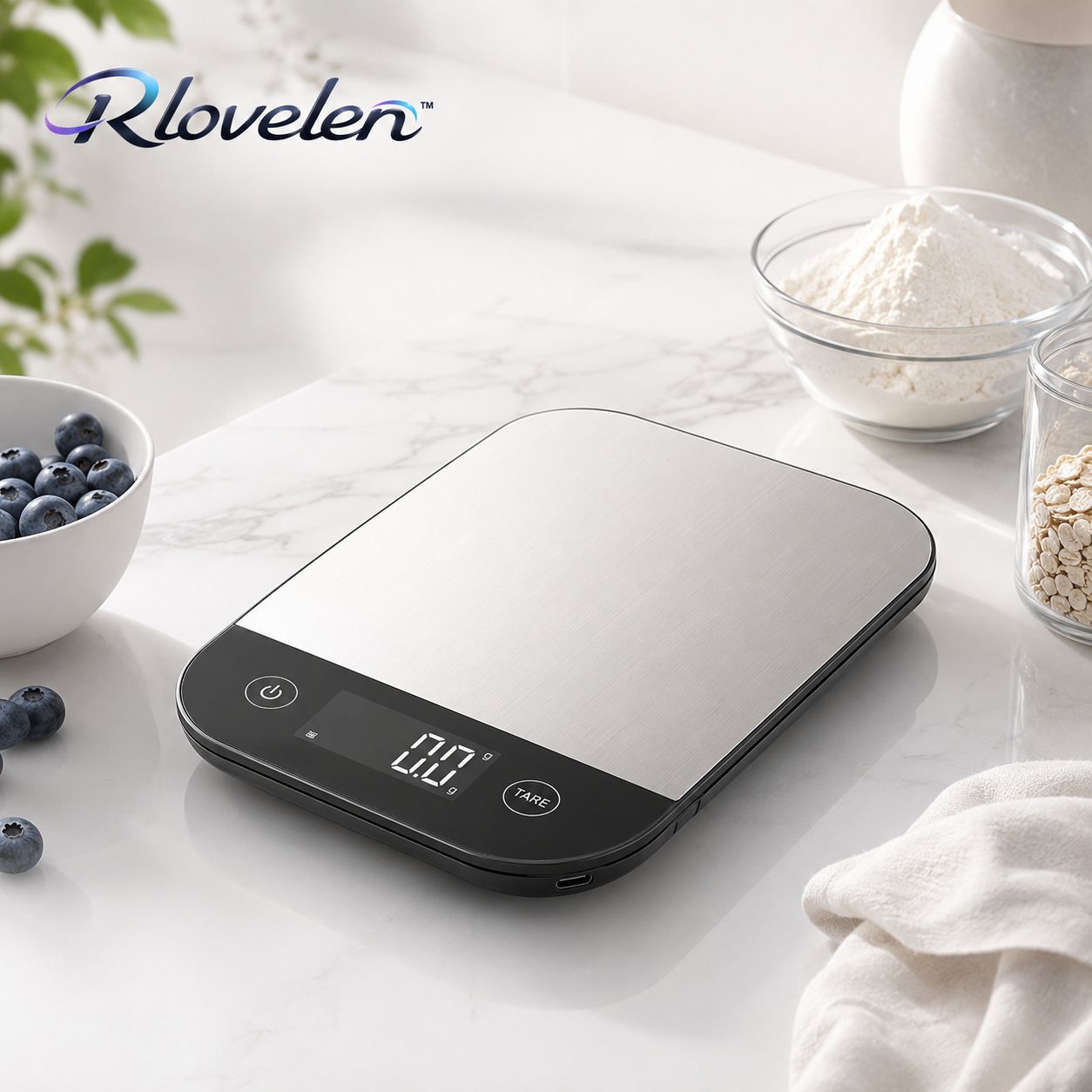Rlovelen™ Forma S11 Digital Food Kitchen Scale, 11 lb Capacity, Grams & Ounces, Tare Function, 304 Stainless Steel Platform, USB-C Rechargeable Scale for Baking, Cooking, Meal Prep & Everyday Weighing