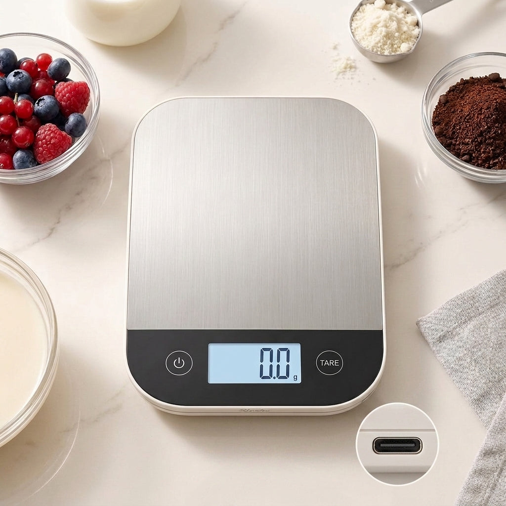 Rlovelen™ Forma S11 Digital Food Kitchen Scale, 11 lb Capacity, Grams & Ounces, Tare Function, 304 Stainless Steel Platform, USB-C Rechargeable Scale for Baking, Cooking, Meal Prep & Everyday Weighing