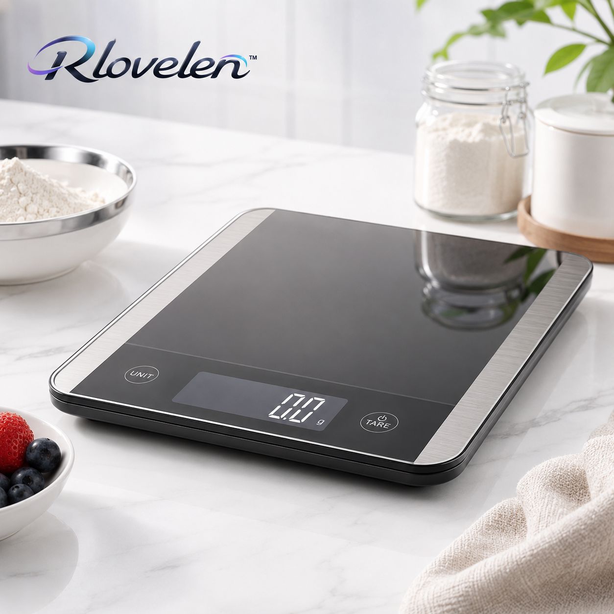 Rlovelen™ Vetra X22 Digital Kitchen Food Scale, 22 lb High Capacity, 1 g / 0.1 oz Graduation, Tempered Glass & Stainless Steel Surface, Backlit LCD, Tare Function for Cooking, Baking & Meal Prep