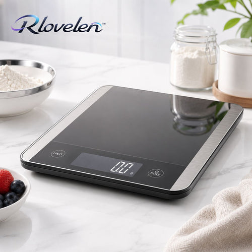 Rlovelen™ Vetra X22 Digital Kitchen Food Scale, 22 lb High Capacity, 1 g / 0.1 oz Graduation, Tempered Glass & Stainless Steel Surface, Backlit LCD, Tare Function for Cooking, Baking & Meal Prep