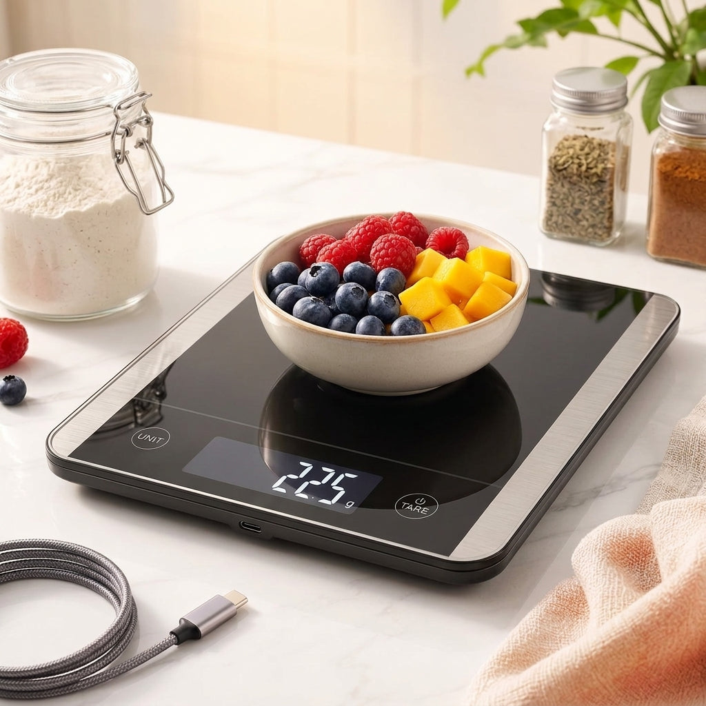 Rlovelen™ Vetra X22 Digital Kitchen Food Scale, 22 lb High Capacity, 1 g / 0.1 oz Graduation, Tempered Glass & Stainless Steel Surface, Backlit LCD, Tare Function for Cooking, Baking & Meal Prep