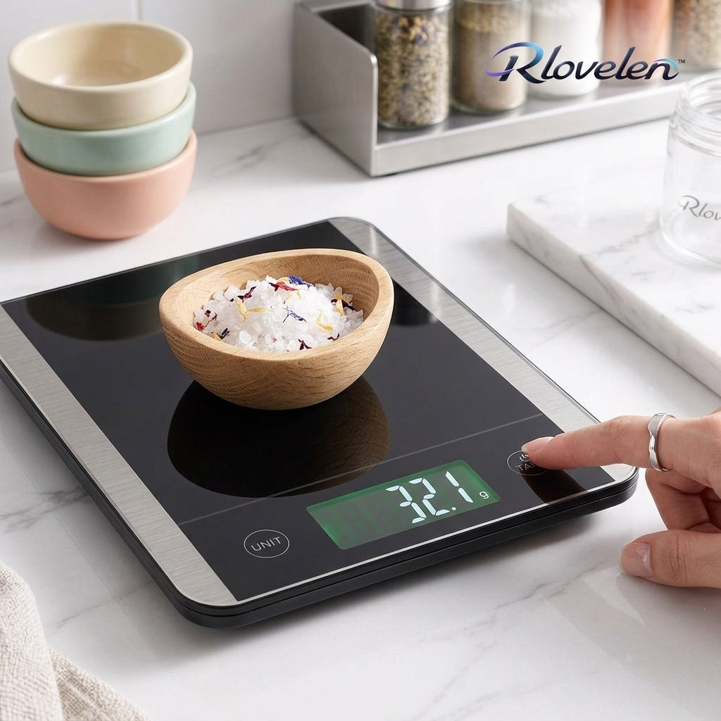 Rlovelen™ Vetra X22 Digital Kitchen Food Scale, 22 lb High Capacity, 1 g / 0.1 oz Graduation, Tempered Glass & Stainless Steel Surface, Backlit LCD, Tare Function for Cooking, Baking & Meal Prep