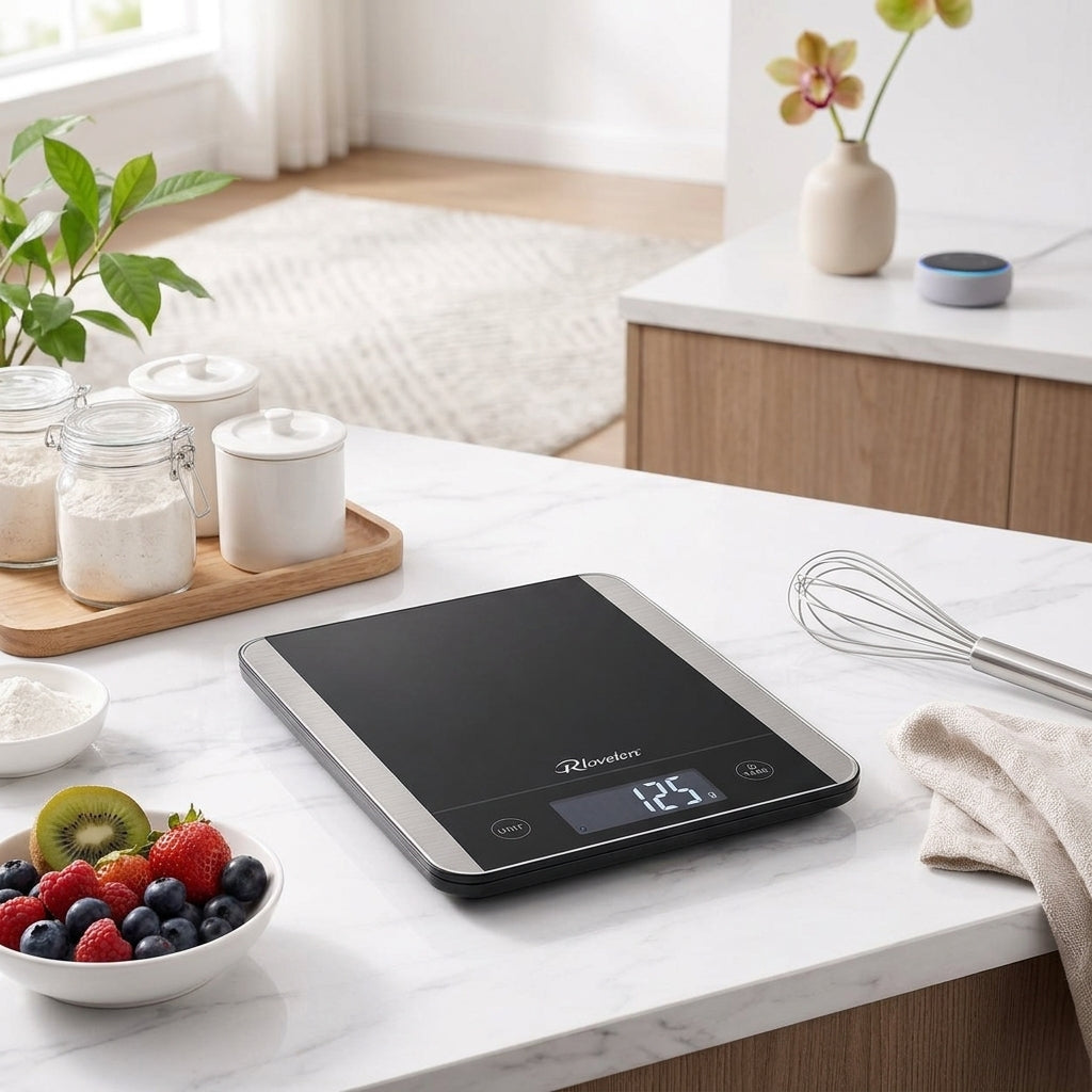 Rlovelen™ Vetra X22 Digital Kitchen Food Scale, 22 lb High Capacity, 1 g / 0.1 oz Graduation, Tempered Glass & Stainless Steel Surface, Backlit LCD, Tare Function for Cooking, Baking & Meal Prep