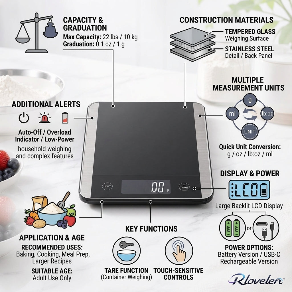 Rlovelen™ Vetra X22 Digital Kitchen Food Scale, 22 lb High Capacity, 1 g / 0.1 oz Graduation, Tempered Glass & Stainless Steel Surface, Backlit LCD, Tare Function for Cooking, Baking & Meal Prep