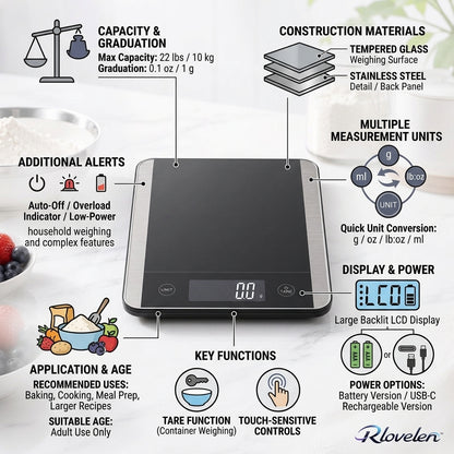 Rlovelen™ Vetra X22 Digital Kitchen Food Scale, 22 lb High Capacity, 1 g / 0.1 oz Graduation, Tempered Glass & Stainless Steel Surface, Backlit LCD, Tare Function for Cooking, Baking & Meal Prep