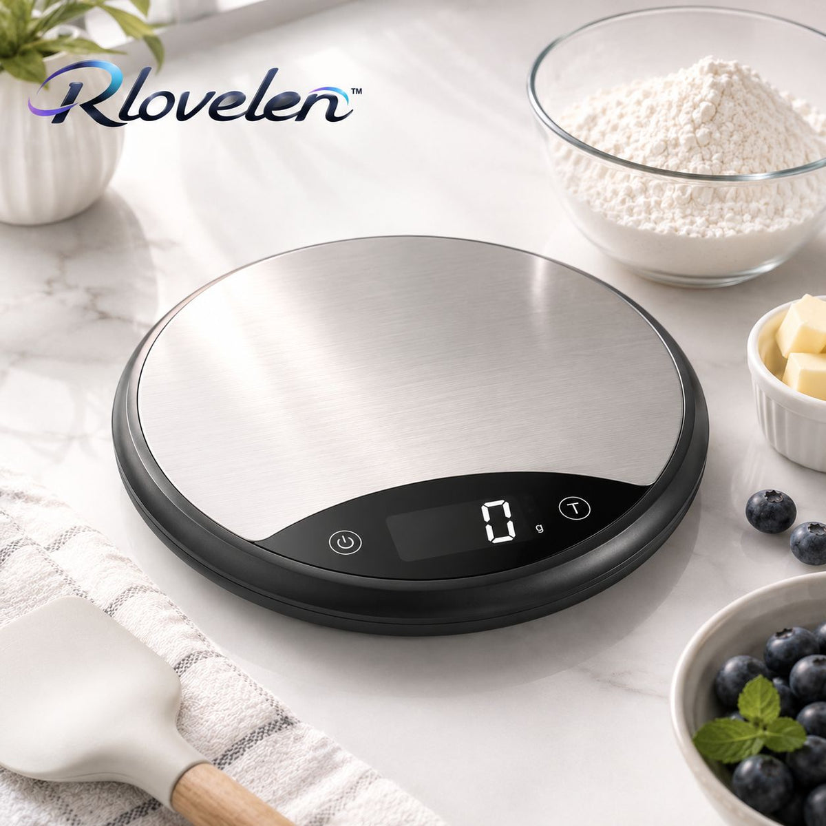 Rlovelen™ HaloBake R11 Round Digital Kitchen Scale, 11 lb Capacity, Water-Resistant Baking Food Scale with LCD Display, Tare Function & Multiple Units, Stainless Steel Weighing Surface, Batteries Included