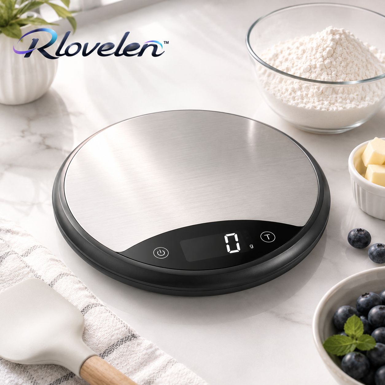 Rlovelen™ HaloBake R11 Round Digital Kitchen Scale, 11 lb Capacity, Water-Resistant Baking Food Scale with LCD Display, Tare Function & Multiple Units, Stainless Steel Weighing Surface, Batteries Included