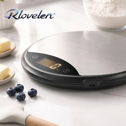 Rlovelen™ HaloBake R11 Round Digital Kitchen Scale, 11 lb Capacity, Water-Resistant Baking Food Scale with LCD Display, Tare Function & Multiple Units, Stainless Steel Weighing Surface, Batteries Included