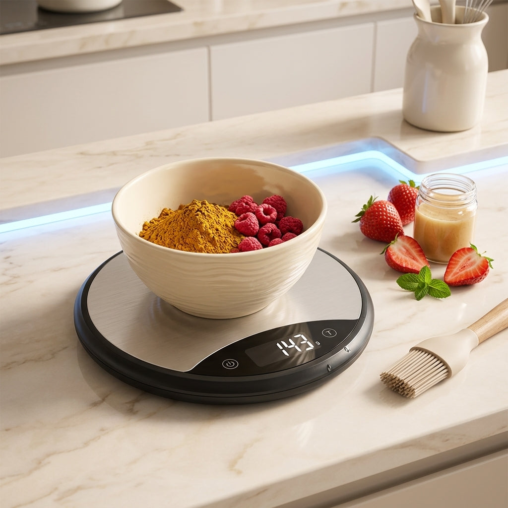 Rlovelen™ HaloBake R11 Round Digital Kitchen Scale, 11 lb Capacity, Water-Resistant Baking Food Scale with LCD Display, Tare Function & Multiple Units, Stainless Steel Weighing Surface, Batteries Included