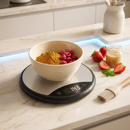 Rlovelen™ HaloBake R11 Round Digital Kitchen Scale, 11 lb Capacity, Water-Resistant Baking Food Scale with LCD Display, Tare Function & Multiple Units, Stainless Steel Weighing Surface, Batteries Included