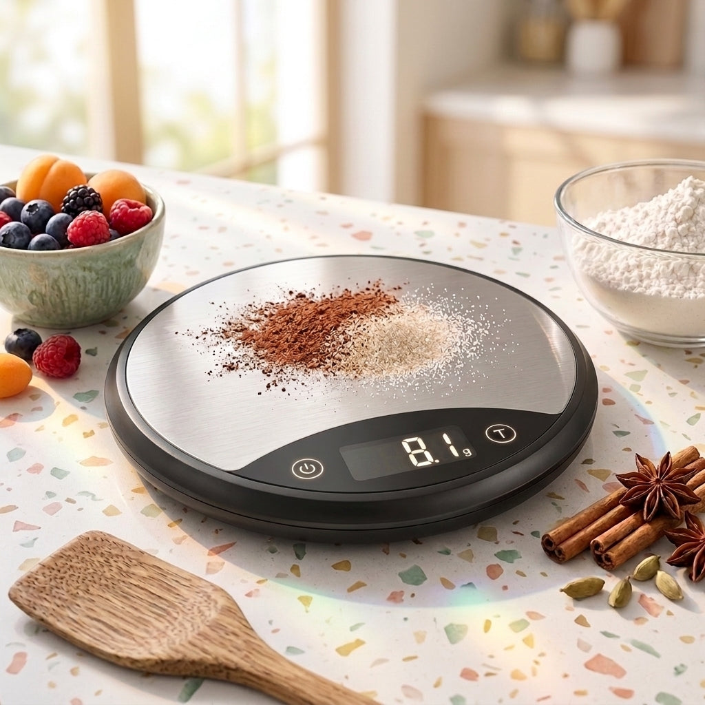 Rlovelen™ HaloBake R11 Round Digital Kitchen Scale, 11 lb Capacity, Water-Resistant Baking Food Scale with LCD Display, Tare Function & Multiple Units, Stainless Steel Weighing Surface, Batteries Included