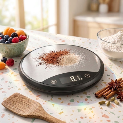 Rlovelen™ HaloBake R11 Round Digital Kitchen Scale, 11 lb Capacity, Water-Resistant Baking Food Scale with LCD Display, Tare Function & Multiple Units, Stainless Steel Weighing Surface, Batteries Included